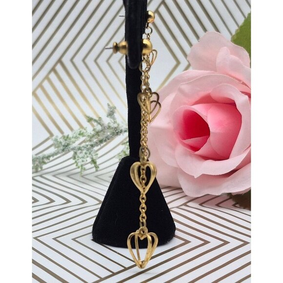 Unique Gold Tone Chain Earrings Pierced Ball Beads & Dangle 3D Hearts Valentines - Picture 5 of 7